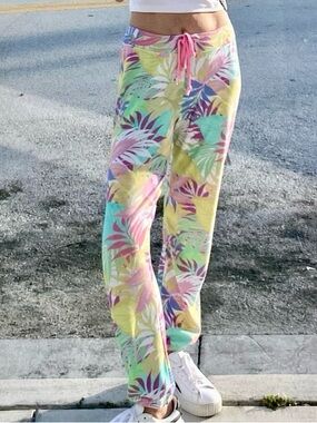 Sundry Tropical Leaf Print Joggers - Yellow, Pink, Mint